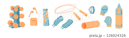 Colorful flat gym equipment set featuring accessories for fitness and workout. Includes dumbbells, training gear, and more. Perfect for sport, healthy lifestyle, gym background. 126024326