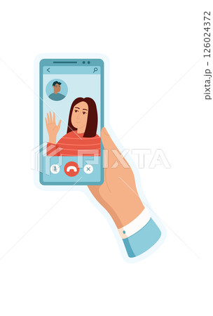 Sticker of hand holding phone. Mobile telephone displays video chat app. Social communication concept, digital illustration, ideal for online media or technology usage. Sticker of hand holding phone. Mobile telephone displays video chat app. Social communication concept, digital illustration, ideal for online media or technology usage. 126024372