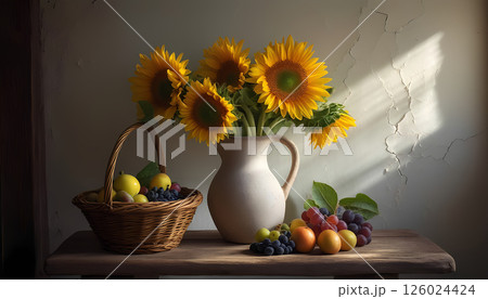 a vase of sunflowers, a basket of apples and grapes on the table. 126024424