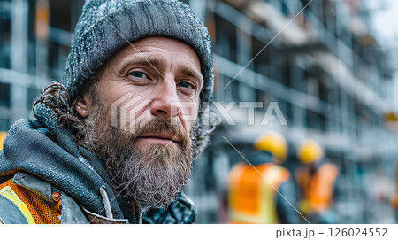 A man in a hat and beard stands in the middle of a construction site where builders are working and a building is being erected 126024552