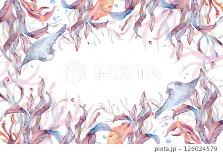 Tropical underwater landscape with coral reefs, seaweed dusty pink tones watercolor on white. Sea plants and creatures frame painted for beach themed designs, summer invitation, and marine label. 126024579