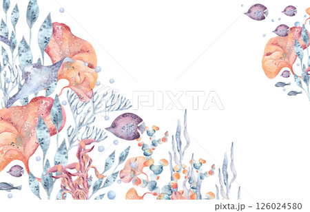 Marine border of orange seaweeds with blue coral, fishes clown watercolor isolated. Ocean flora banner. Hand drawn sea life in bright tones for coastal design, invitation, packaging, nautical decor. 126024580