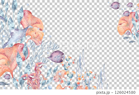 Marine border of orange seaweeds with blue coral, fishes clown watercolor isolated. Ocean flora banner. Hand drawn sea life in bright tones for coastal design, invitation, packaging, nautical decor. 126024580