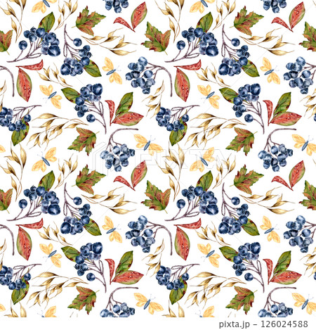 Autumn forest seamless pattern with aronia berries, dried herbs, and butterflies isolated. Watercolor plants and berry repeated background hand drawn for textiles, wrapping paper, stationery. 126024588
