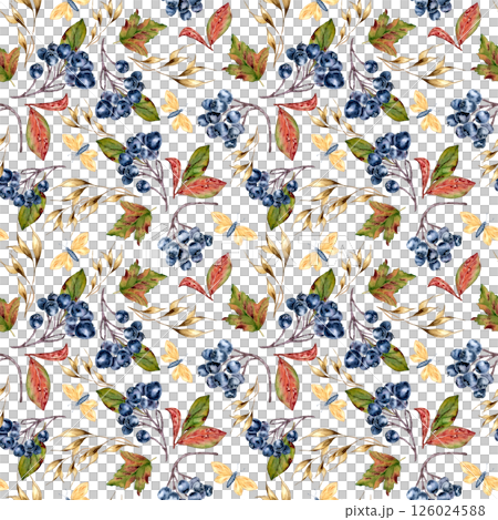 Autumn forest seamless pattern with aronia berries, dried herbs, and butterflies isolated. Watercolor plants and berry repeated background hand drawn for textiles, wrapping paper, stationery. 126024588