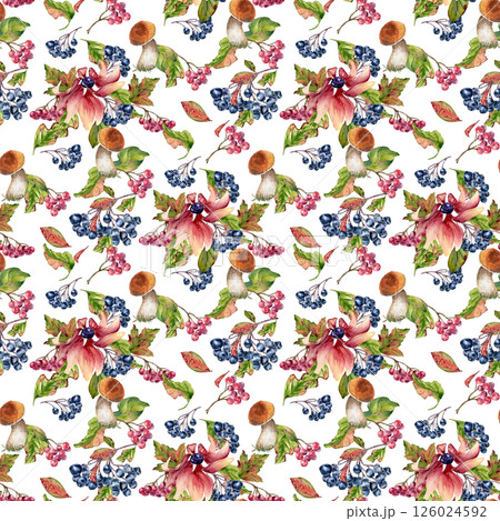 Pink flowers, mushrooms brown orange cap, red berries in watercolor seamless pattern isolated. Woodland repeated background of chokeberry and wild plants hand drawn. Autumn floral texture pink tones. Pink flowers, mushrooms brown orange cap, red berries in watercolor seamless pattern isolated. Woodland repeated background of chokeberry and wild plants hand drawn. Autumn floral texture pink tones. 126024592