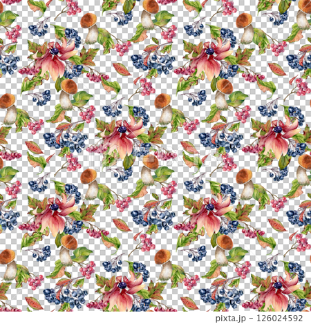 Pink flowers, mushrooms brown orange cap, red berries in watercolor seamless pattern isolated. Woodland repeated background of chokeberry and wild plants hand drawn. Autumn floral texture pink tones. Pink flowers, mushrooms brown orange cap, red berries in watercolor seamless pattern isolated. Woodland repeated background of chokeberry and wild plants hand drawn. Autumn floral texture pink tones. 126024592