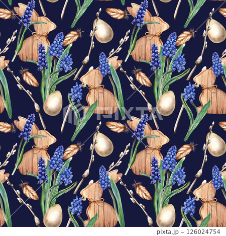 Seamless, repeat pattern with grape hyacinth, muscari flowers, pussy willow branches, wooden bunnies, eggs and feathers. Hand drawn watercolor illustration on blue background. For wrapping fabric 126024754