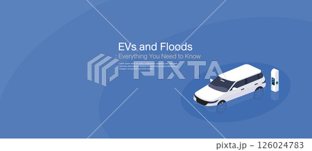EV Electric SUV car and Floods concept showing an electric car and charger surrounded by water, representing climate risks and safety concerns in urban flooding situations. EV Electric SUV car and Floods concept showing an electric car and charger surrounded by water, representing climate risks and safety concerns in urban flooding situations. 126024783