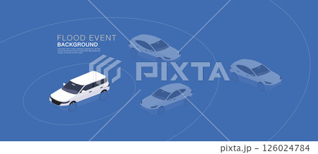 Flood emergency concept with isometric cars in blue tones. One highlighted vehicle represents risk assessment and disaster awareness in urban environments. Flood emergency concept with isometric cars in blue tones. One highlighted vehicle represents risk assessment and disaster awareness in urban environments. 126024784