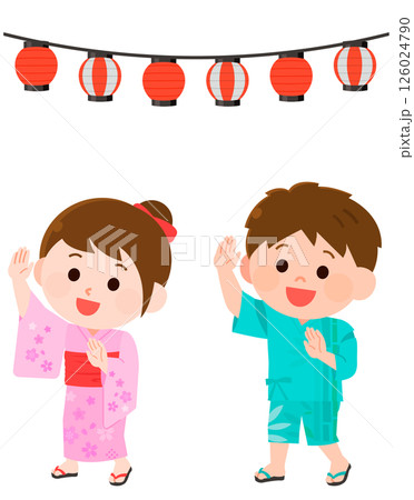 盆踊りを踊る男の子と女の子　提灯の飾り　イラスト 126024790