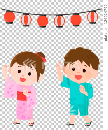 盆踊りを踊る男の子と女の子　提灯の飾り　イラスト 126024790