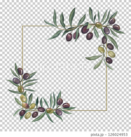Golden square frame of olive branches with green and black olives. Watercolor illustration is hand drawn in botanical style. Elegant template for wedding invitation, Mediterranean decor for cards 126024953