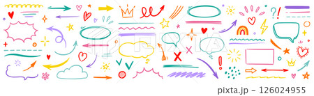 Line hand drawn brush marker arrow, heart shape element kid color set. Hand drawn sketch marker underline shape, arrow, star marker brush pen stroke icon heart element. Vector 126024955