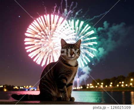 夜の海を見つめる猫と背後に打ちあがる花火 夜の海を見つめる猫と背後に打ちあがる花火 126025109