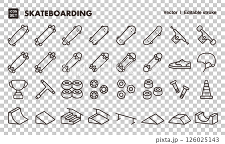 Skateboarding icon illustration set EPS version can be edited to change line thickness etc. 126025143