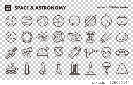 太空和天文學圖示插圖集 EPS 版本可以編輯以更改線條粗細等。 126025144