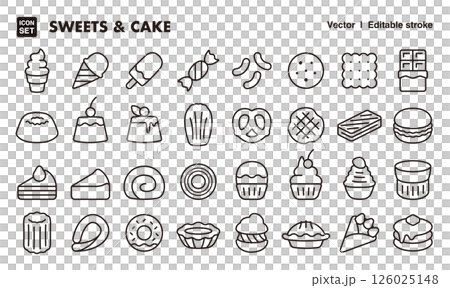 Sweets and cake icon illustration set EPS version can be edited to change line thickness etc. Sweets and cake icon illustration set EPS version can be edited to change line thickness etc. 126025148