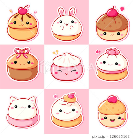 Vector set of traditional Chinese pastries mantou buns. Cute asian dessert in kawaii style. Delightful assortment of desserts in a charming, whimsical style. Can be used for t-shirt print, sticker 126025162