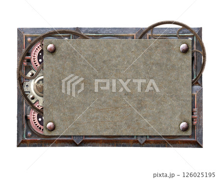 Metallic frame with vintage metal details, pipelines, gear, retro rivets. Isolated on white background. Mock up template. Copy space for text. Can be used for steampunk, industrial, mechanical design Metallic frame with vintage metal details, pipelines, gear, retro rivets. Isolated on white background. Mock up template. Copy space for text. Can be used for steampunk, industrial, mechanical design 126025195