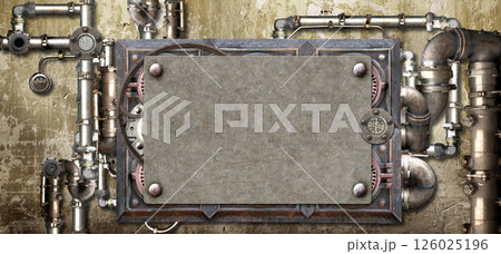 Metallic frame with vintage metal details, pipelines, gear, retro rivets on old stucco wall background. Mock up template. Copy space for text. Can be used for steampunk, industrial, mechanical design Metallic frame with vintage metal details, pipelines, gear, retro rivets on old stucco wall background. Mock up template. Copy space for text. Can be used for steampunk, industrial, mechanical design 126025196
