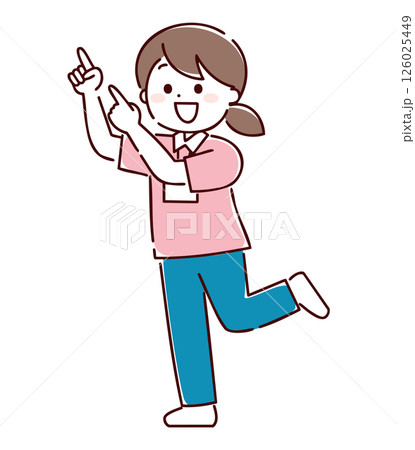 陽気に指差し案内をしているユニフォームを着た女性 陽気に指差し案内をしているユニフォームを着た女性 126025449