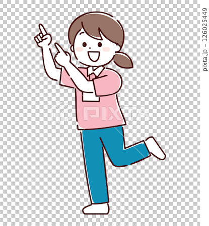 陽気に指差し案内をしているユニフォームを着た女性 陽気に指差し案内をしているユニフォームを着た女性 126025449