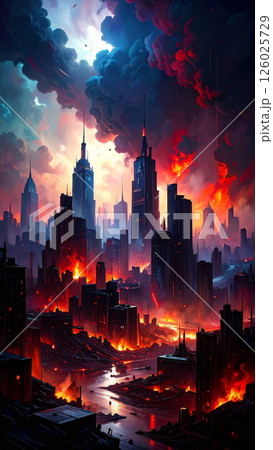 大都市の火災イメージ(AI生成画像) 大都市の火災イメージ(AI生成画像) 126025729