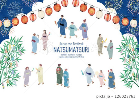 夏祭を楽しむ人々のアイソメトリックイラスト 夏祭を楽しむ人々のアイソメトリックイラスト 126025763