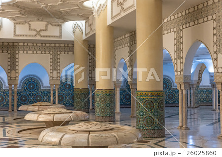 Muslim Ablution, pillars and stone seats at Mosque Hassan II, Casablanca, Morocco. 126025860