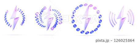 3d glass holographic wireless charging icon set with lightning bolt signs. Battery power indicators with circle, wave and dot patterns. Electric car or mobile phone charge symbols. 3D illustration 126025864