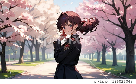 桜並木 微笑む制服を着た女子高生 126026045