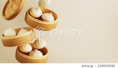 Chinese food 3d banner with baozi or bakpao in bamboo steamers. Steamed bread, bun bao, dumpling, dim sum in wooden basket. Cooked tradition asian street snack for breakfast or lunch. 3D illustration Chinese food 3d banner with baozi or bakpao in bamboo steamers. Steamed bread, bun bao, dumpling, dim sum in wooden basket. Cooked tradition asian street snack for breakfast or lunch. 3D illustration 126026090
