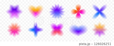 Colorful blurred gradient flowers and hearts collection. Bright blur aura shape set. Fading abstract elements for poster, template, badge, sticker, collage. Vector iridescent smooth form flower pack 126026251