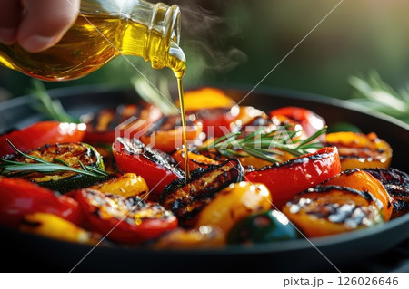 Hand pouring olive oil over grilled vegetables garnished with fresh herbs in a sunny outdoor setting Hand pouring olive oil over grilled vegetables garnished with fresh herbs in a sunny outdoor setting 126026646