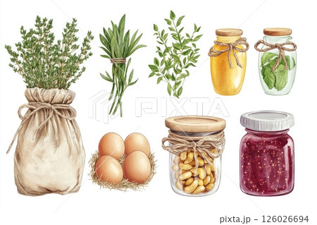 Rustic lifestyle items featuring fresh eggs, herbal bundles, and homemade jam jars Rustic lifestyle items featuring fresh eggs, herbal bundles, and homemade jam jars 126026694