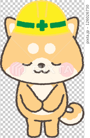 お辞儀をする黄色ヘルメットを被った茶色の柴犬 お辞儀をする黄色ヘルメットを被った茶色の柴犬 126026730