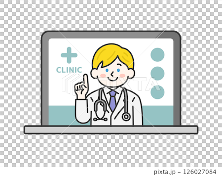 パソコンでオンライン診療する、聴診器をつけた、白人の男性医師(線画カラー)のイラスト パソコンでオンライン診療する、聴診器をつけた、白人の男性医師(線画カラー)のイラスト 126027084