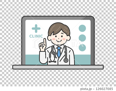 パソコンでオンライン診療する、聴診器をつけた、男性医師（線画カラー）のイラスト 126027085