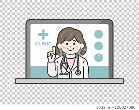 パソコンでオンライン診療する、聴診器をつけた、女性医師（線画カラー）のイラスト 126027086