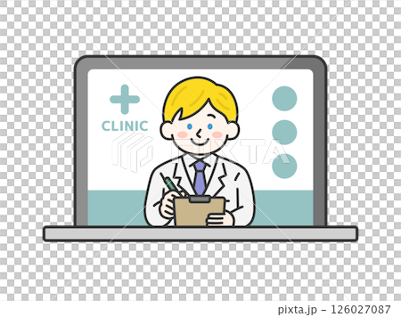パソコンでオンライン診療する、カルテを持った、白人の男性医師（線画カラー）のイラスト 126027087