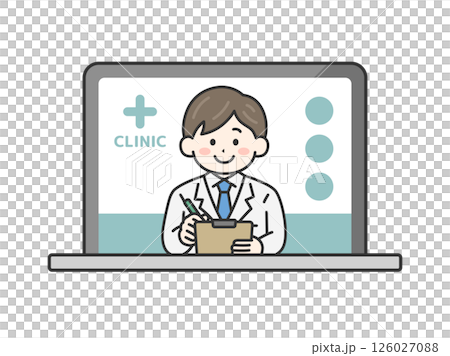 パソコンでオンライン診療する、カルテを持った、男性医師（線画カラー）のイラスト 126027088