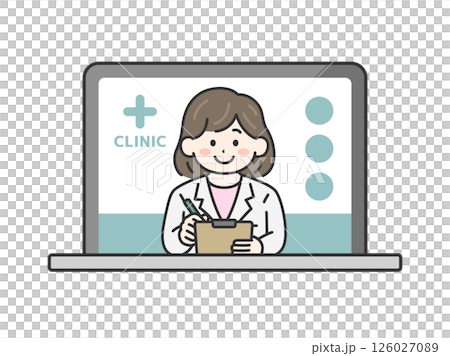 パソコンでオンライン診療する、カルテを持った、女性医師（線画カラー）のイラスト 126027089