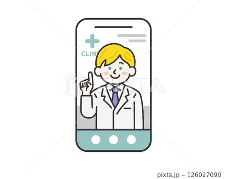 スマートフォンでオンライン診療する、白人の男性医師（線画カラー）のイラスト 126027090