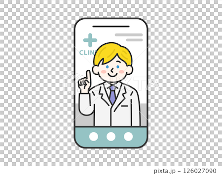 スマートフォンでオンライン診療する、白人の男性医師（線画カラー）のイラスト 126027090