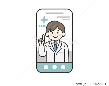 スマートフォンでオンライン診療する、男性医師（線画カラー）のイラスト 126027091