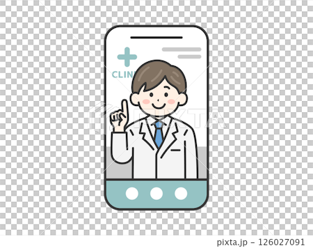 スマートフォンでオンライン診療する、男性医師（線画カラー）のイラスト 126027091