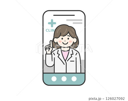 スマートフォンでオンライン診療する、女性医師（線画カラー）のイラスト 126027092