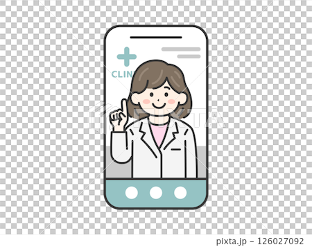 スマートフォンでオンライン診療する、女性医師（線画カラー）のイラスト 126027092