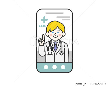 スマートフォンでオンライン診療する、聴診器をつけた、白人の男性医師（線画カラー）のイラスト 126027093